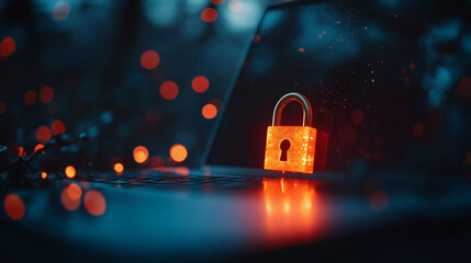 Hands typing on a laptop displaying cybersecurity data, with blurred lights in the background symbolizing online security.
