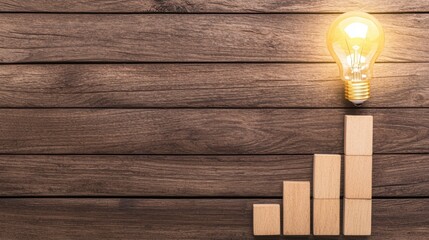 Poster - Wooden Blocks Forming Bar Chart with Light Bulb on Dark Wood Background