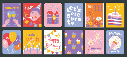 Poster - Birthday party typography template posters. Covers with champagne cheers, garland, gift, flower, cake with candles, balloons, other. Social media banners set in retro 90s design. Vector illustration.