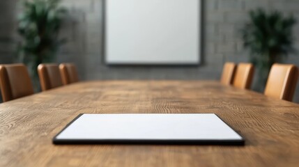 Poster - Empty conference room with blank notepad on wooden table, chairs, whiteboard and plants