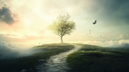 Poster - Serene landscape featuring a solitary tree on a gentle hill with a winding path during dawn. Generative AI