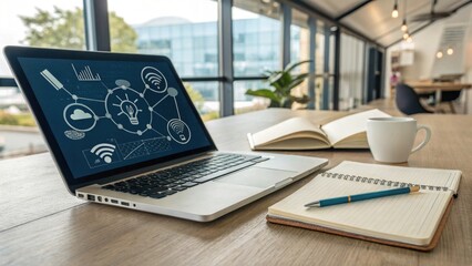 Wall Mural - A modern workspace featuring a laptop displaying network graphics, a notebook, a pen, and a coffee cup, all set in a bright, open environment.