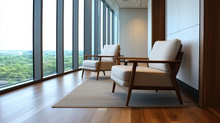 Poster - Modern armchairs illuminating corporate office space with panoramic city view
