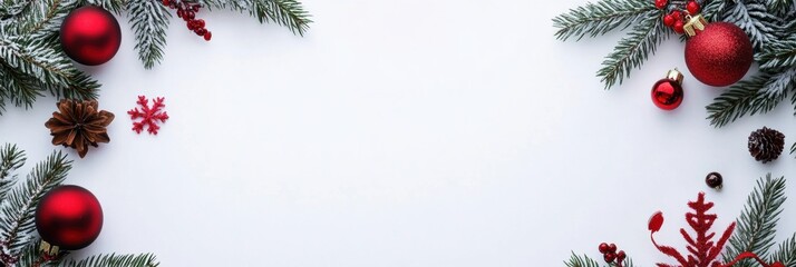 Aufkleber - Decorative arrangement with green pine branches and red ornaments perfect for holiday greetings or announcements. Generative AI