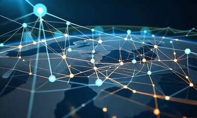 Aufkleber - Network of glowing connections linked by white nodes and blue lines on a dark background, representing data flow and technology.