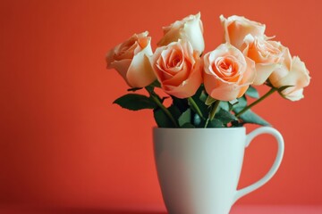 Aufkleber - Fresh peach roses in a white cup against a vibrant orange background for mock up text space. Generative AI