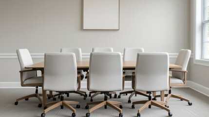 Poster - Empty meeting room with comfortable chairs and natural light enhancing productivity