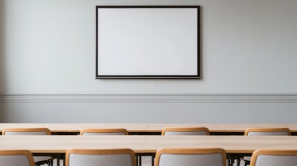 Poster - Empty conference room with projection screen showing blank presentation and comfortable chairs