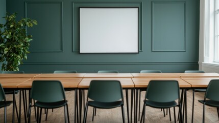 Poster - Empty conference room with large display screen and comfortable chairs, ready for a presentation