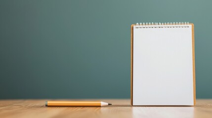 Poster - Blank notepad, pencil on wooden table suggesting upcoming presentation