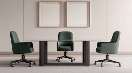 Poster - Modern conference room with glass table and green chairs is waiting for business meeting