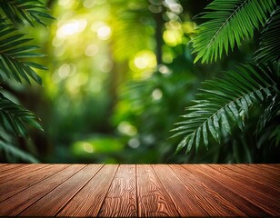 Wood tabletop podium floor in outdoors tropical garden forest