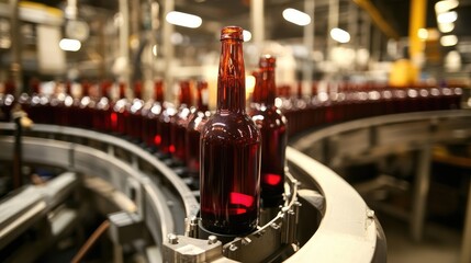 Poster - A beverage filling machine at work in a bottling plant, with bottles moving down the production line, highlighting the efficiency of beverage production in a modern factory