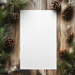 Leinwandbilder - Blank paper surrounded by pine branches and pine cones on a wooden surface for creative design and content creation. Generative AI