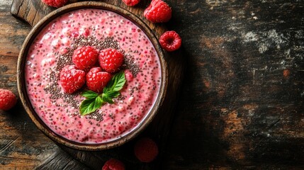 Aufkleber - A bowl of raspberry chia seed pudding with chia seeds, coconut milk, and fresh raspberries, resting on a rustic wooden table, perfect for health-conscious recipes