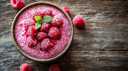 Aufkleber - A bowl of raspberry chia seed pudding with chia seeds, coconut milk, and fresh raspberries, resting on a rustic wooden table, perfect for health-conscious recipes