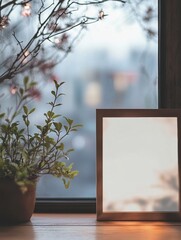 Leinwandbilder - Empty picture frame beside plant on windowsill with blurred city view in soft natural light during sunset. Generative AI