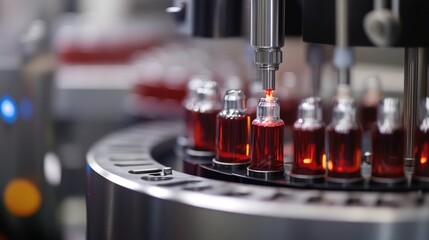 Poster - A close-up of bottles being filled by a beverage filling machine on a production line, illustrating the process of beverage manufacturing and food processing in an industrial setting