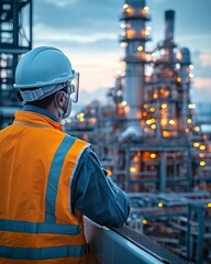 Aufkleber - Industrial engineer in full protective gear, monitoring operations at a vast industrial plant, twilight ambiance, intricate details, vibrant reflections, hyperrealistic