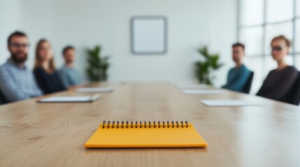 Poster - Notepad placed on meeting table with businesspeople sitting in background