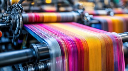 Aufkleber - A close-up of textile weaving machines working in a modern textile mill, creating fabric, with focus on the intricate machinery involved in fabric production