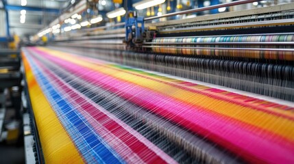 Aufkleber - A close-up of textile weaving machines working in a modern textile mill, creating fabric, with focus on the intricate machinery involved in fabric production