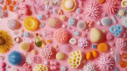 Poster - A colorful assortment of bacteria and microorganisms, emphasizing the importance of microbiome diversity for skin health and overall vitality, promoting natural skin balance