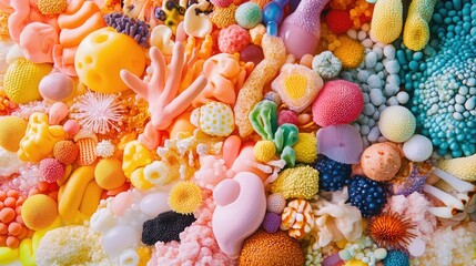 Poster - A colorful assortment of bacteria and microorganisms, emphasizing the importance of microbiome diversity for skin health and overall vitality, promoting natural skin balance