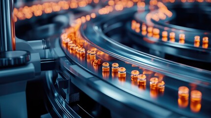 Poster - A contemporary pharmaceutical facility where medical ampoules are being produced on a conveyor belt, with orange caps, showcasing the manufacturing of vaccines