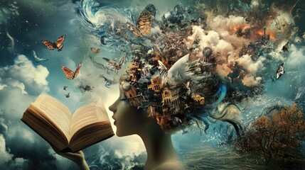 Poster - A creative fusion of the human mind and literature, illustrating artistic expression, mental well-being, cognition, and personal growth through vivid imagery