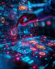 Aufkleber - Person in a blue shirt interacting with a floating holographic interface, showcasing various futuristic icons, vibrant neon colors, hightech atmosphere, ultrarealistic lighting