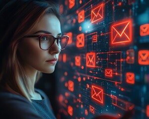Poster - A businesswoman using a digital whiteboard, with floating red email icons, hightech office setting, dynamic glowing icons, highdefinition lighting and textures