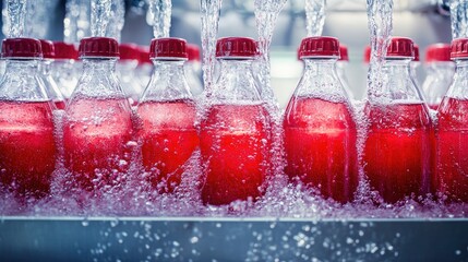 Poster - A detailed shot of bottles moving through a beverage filling machine, capturing the industrial process of bottling and beverage production on an efficient production line