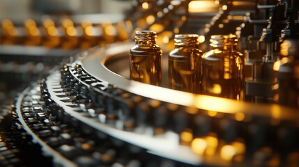 Poster - A detailed shot of bottles moving through a beverage filling machine, capturing the industrial process of bottling and beverage production on an efficient production line
