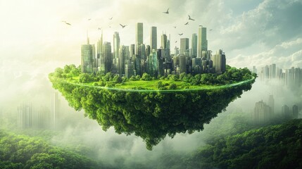 Aufkleber - A futuristic city above a lush green landscape, symbolizing the integration of advanced urbanization and nature, offering a vision of sustainable development and environmental harmony