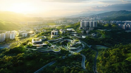 Poster - A futuristic city above a lush green landscape, symbolizing the integration of advanced urbanization and nature, offering a vision of sustainable development and environmental harmony