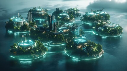 Poster - A futuristic depiction of floating islands representing various industries, connected by glowing trade routes, symbolizing interconnected global economies and trade
