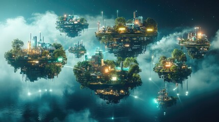 Poster - A futuristic depiction of floating islands representing various industries, connected by glowing trade routes, symbolizing interconnected global economies and trade