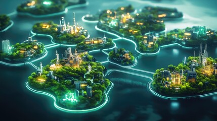 Poster - A futuristic depiction of floating islands representing various industries, connected by glowing trade routes, symbolizing interconnected global economies and trade