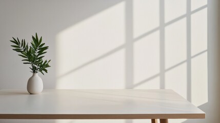 Poster - Empty conference table with plant in minimalist office with soft lighting