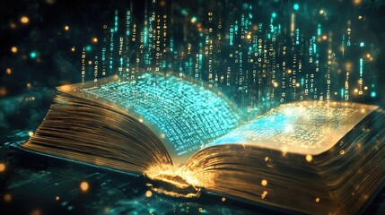 Poster - A law book turning into a glowing digital screen, with binary code emerging, reflecting the ongoing transformation of legal literature into the digital realm