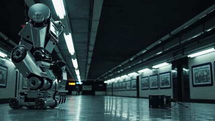 Aufkleber - Robot exploring an underground subway station in a futuristic setting at nighttime