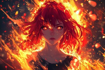Poster - Vibrant digital art wallpaper with dynamic fiery red and yellow explosion for anime enthusiasts and creative background seekers