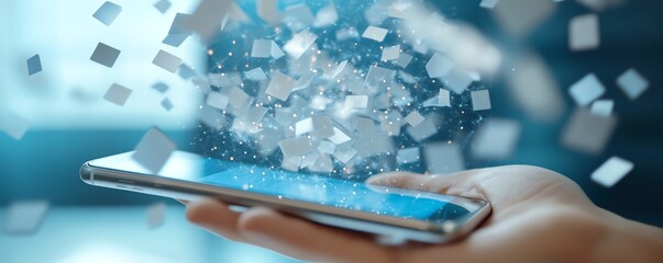Fototapete - Modern digital cloud storage scene with a smartphone and hovering icons of files, applications, and realtime data transfer in a virtual interface