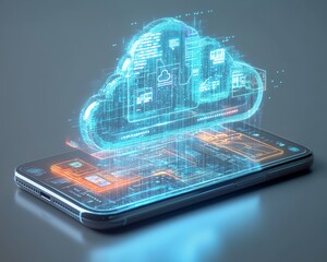 Poster - A smartphone with cloud storage holograms, displaying files, apps, and data flow in a seamless digital storage experience