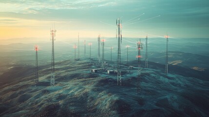 Poster - A network of cell towers scattered across a vast, open terrain, with signals emanating, representing modern communication technology and wireless connections