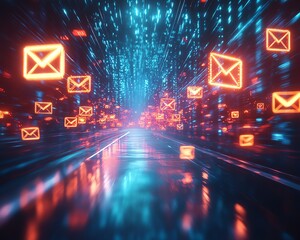 Poster - Bright, colorful digital envelopes suspended in a futuristic digital space, glowing against a fastmoving backdrop, symbolizing connectivity and modern communication
