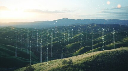 Poster - A network of cell towers spanning vast landscapes, with signals radiating across rolling hills, symbolizing global connectivity and communication networks