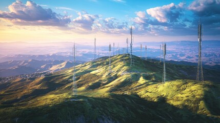 Poster - A network of cell towers spanning vast landscapes, with signals radiating across rolling hills, symbolizing global connectivity and communication networks