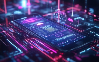 Fototapete - Digital cloud storage concept with smartphone displaying holographic icons of files, folders, and data streams in a futuristic tech environment